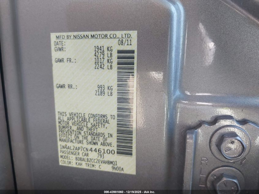 2012 Nissan Altima 2.5 S VIN: 1N4AL2AP7CN446100 Lot: 43981060