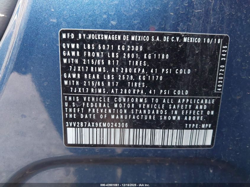 2019 Volkswagen Tiguan 2.0T Se/2.0T Sel/2.0T Sel R-Line/2.0T Sel R-Line Black VIN: 3VV2B7AX9KM024306 Lot: 43981061