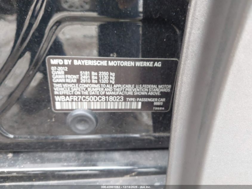 2013 BMW 535I VIN: WBAFR7C50DC818023 Lot: 43981062