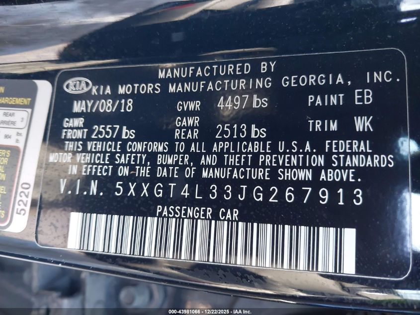 2018 Kia Optima Lx VIN: 5XXGT4L33JG267913 Lot: 43981066