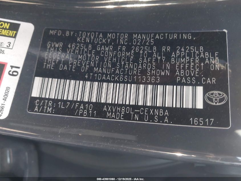 2025 Toyota Camry Le VIN: 4T1DAACK6SU113363 Lot: 43981068