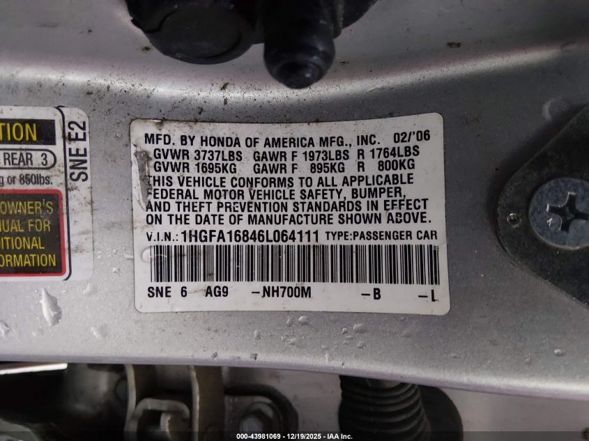 2006 Honda Civic Ex VIN: 1HGFA16846L064111 Lot: 43981069