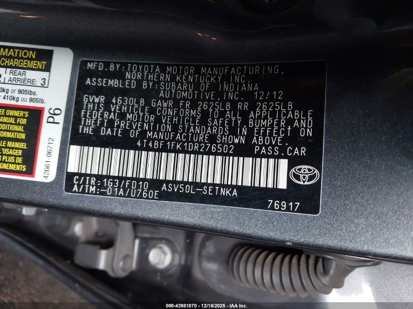 2013 Toyota Camry Le VIN: 4T4BF1FK1DR276502 Lot: 43981070