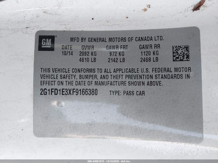 2015 Chevrolet Camaro 1Lt VIN: 2G1FD1E3XF9166380 Lot: 43981075