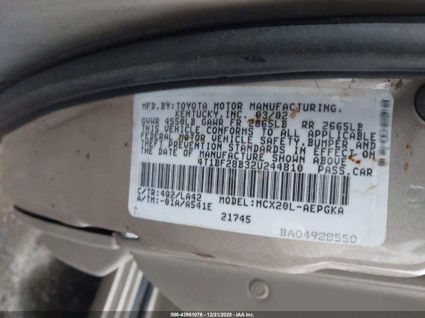 2002 Toyota Avalon Xls VIN: 4T1BF28B32U244810 Lot: 43981076