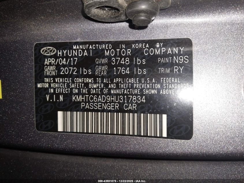 2017 Hyundai Veloster Value Edition VIN: KMHTC6AD9HU317834 Lot: 43981078