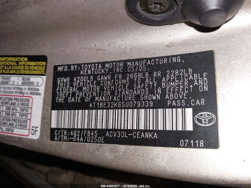 2005 Toyota Camry Le VIN: 4T1BE32K65U079339 Lot: 43981077