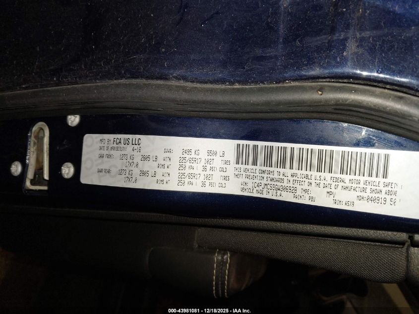 2016 Jeep Cherokee Latitude VIN: 1C4PJMCS9GW306928 Lot: 43981081