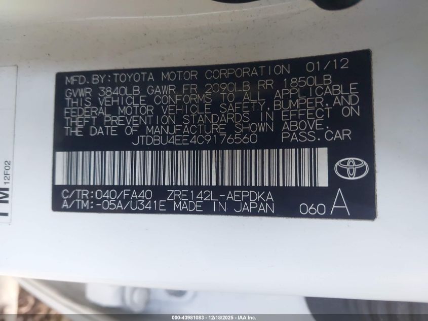 2012 Toyota Corolla L VIN: JTDBU4EE4C9176560 Lot: 43981083