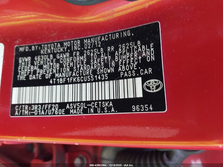 2012 Toyota Camry Se VIN: 4T1BF1FK6CU551435 Lot: 43981084