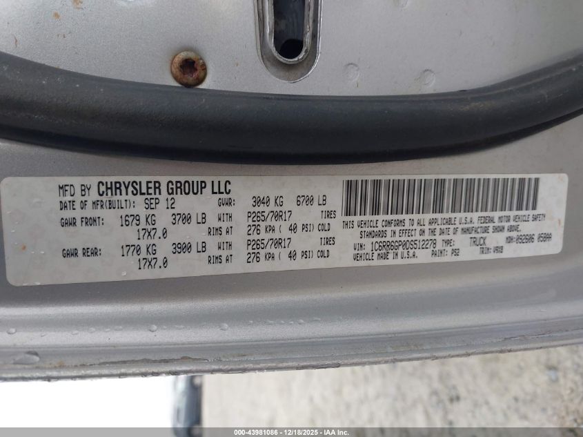 2013 Ram 1500 Slt VIN: 1C6RR6GP0DS512278 Lot: 43981086