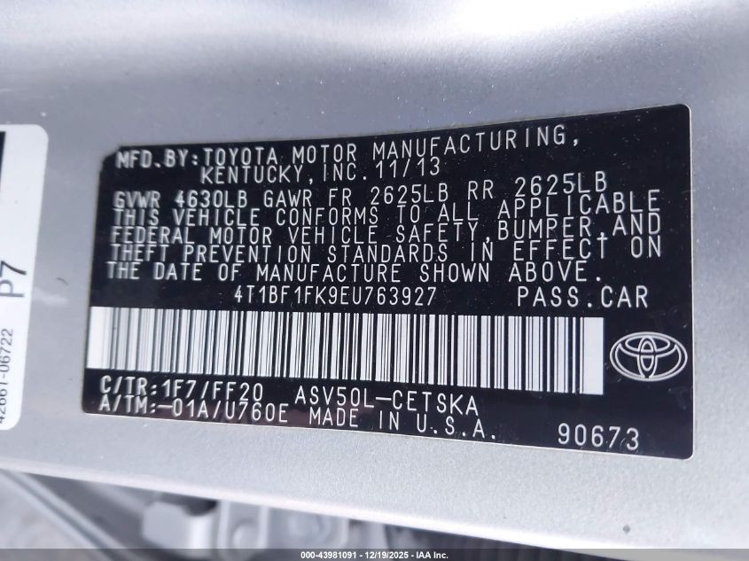 2014 Toyota Camry Se VIN: 4T1BF1FK9EU763927 Lot: 43981091