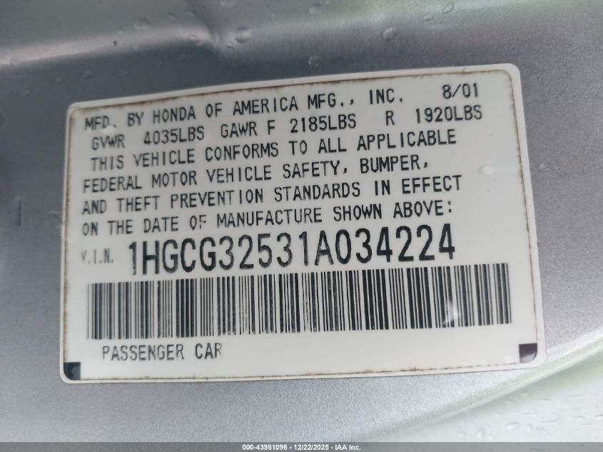 2001 Honda Accord 2.3 Ex VIN: 1HGCG32531A034224 Lot: 43981096