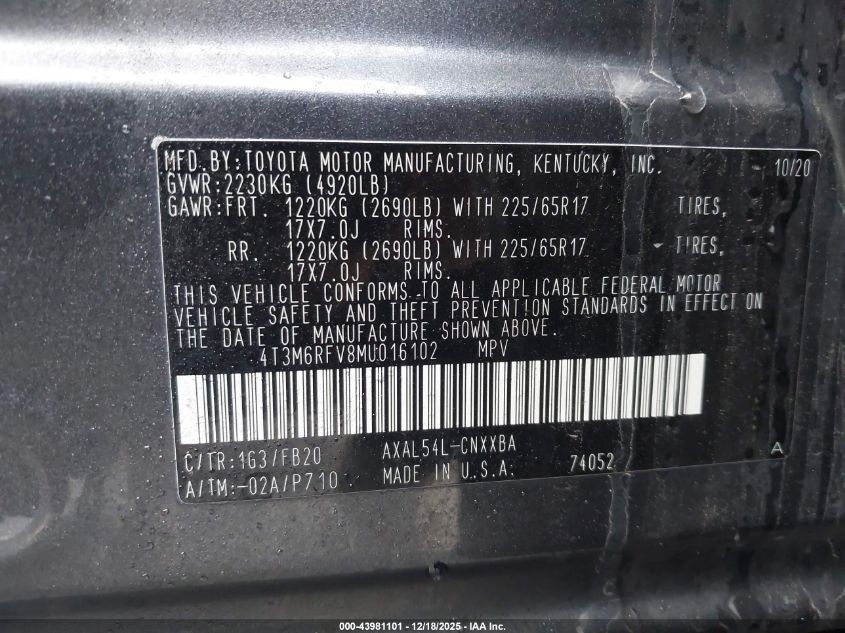 2021 Toyota Rav4 Hybrid Le VIN: 4T3M6RFV8MU016102 Lot: 43981101