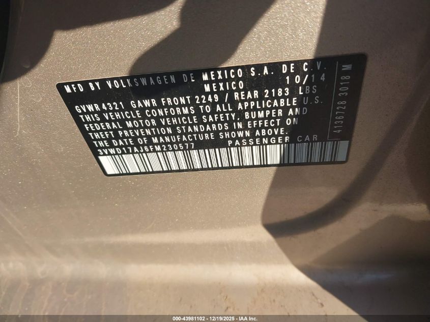 2015 Volkswagen Jetta 1.8T Se VIN: 3VWD17AJ6FM230577 Lot: 43981102