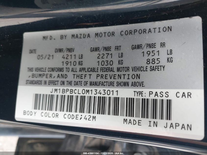 2021 Mazda Mazda3 Preferred VIN: JM1BPBCL0M1343011 Lot: 43981104