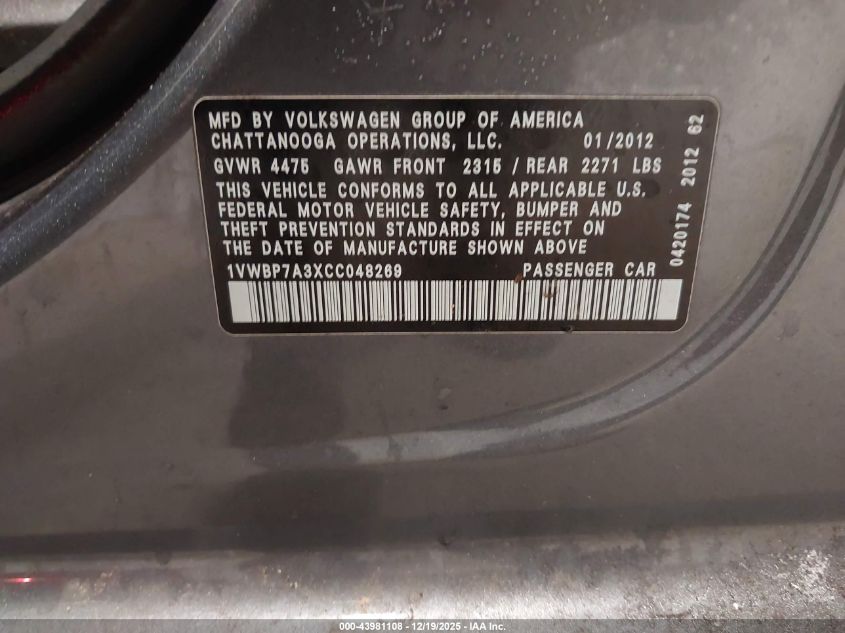 2012 Volkswagen Passat 2.5L Se VIN: 1VWBP7A3XCC048269 Lot: 43981108