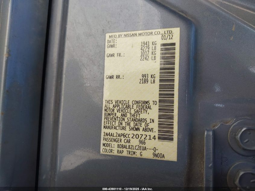 2012 Nissan Altima 2.5 S VIN: 1N4AL2AP6CC207214 Lot: 43981110