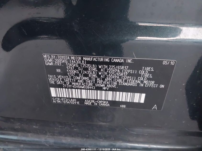 2010 Toyota Rav4 Limited VIN: 2T3YF4DV8AW038443 Lot: 43981111