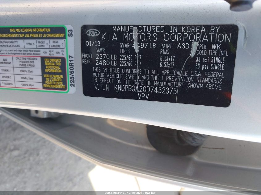 2013 Kia Sportage Lx VIN: KNDPB3A20D7452375 Lot: 43981117