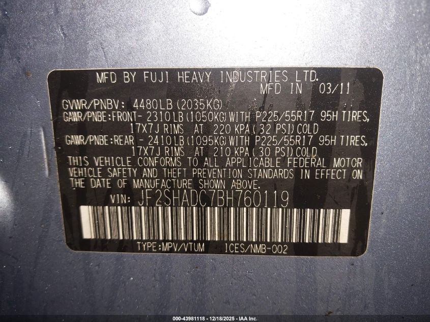 2011 Subaru Forester 2.5X Premium VIN: JF2SHADC7BH760119 Lot: 43981118