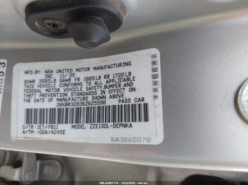 2006 Toyota Corolla Le VIN: 1NXBR32E06Z625598 Lot: 43981119