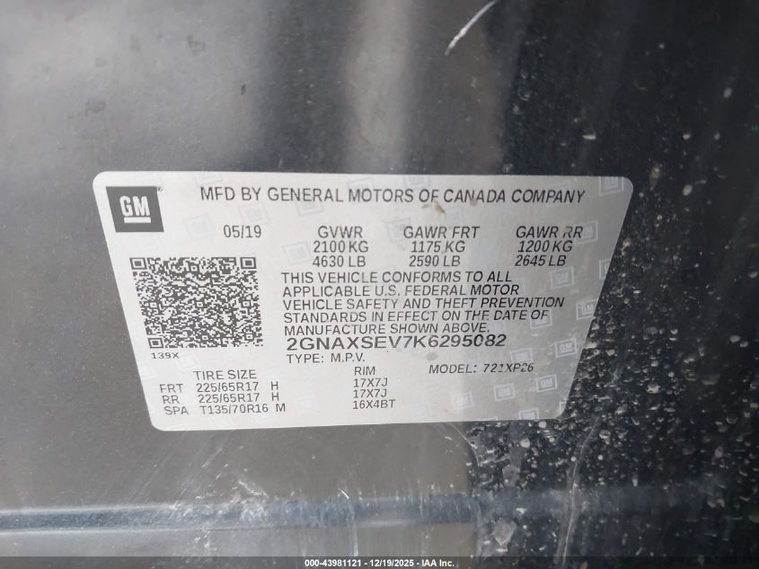 2019 Chevrolet Equinox Ls VIN: 2GNAXSEV7K6295082 Lot: 43981121