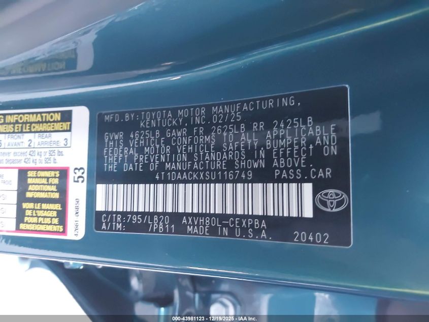 2025 Toyota Camry Xse VIN: 4T1DAACKXSU116749 Lot: 43981123