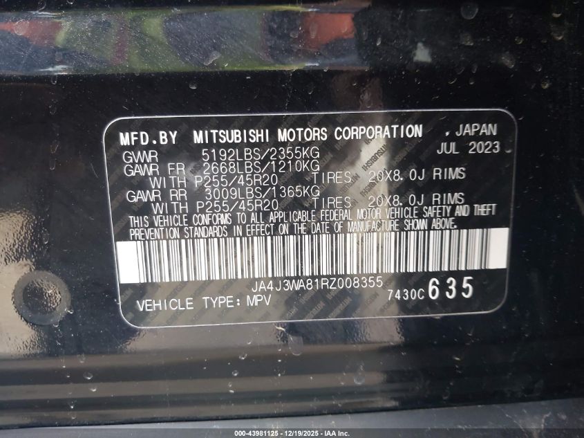 2024 Mitsubishi Outlander Sel 2.5 2Wd VIN: JA4J3WA81RZ008355 Lot: 43981125