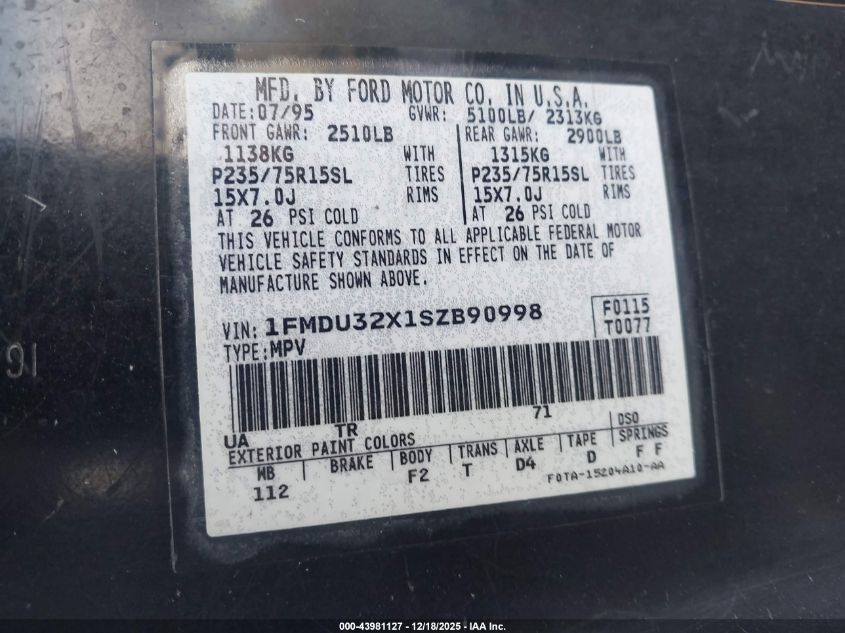 1995 Ford Explorer VIN: 1FMDU32X1SZB90998 Lot: 43981127