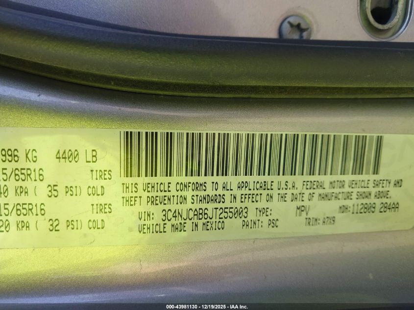 2018 Jeep Compass Sport Fwd VIN: 3C4NJCAB6JT255003 Lot: 43981130