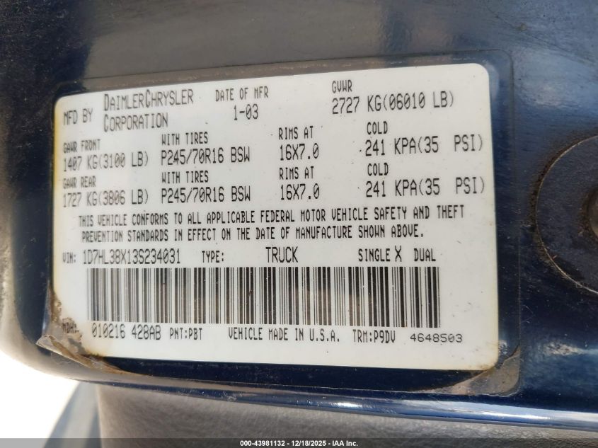 2003 Dodge Dakota Sport/Sxt VIN: 1D7HL38X13S234031 Lot: 43981132