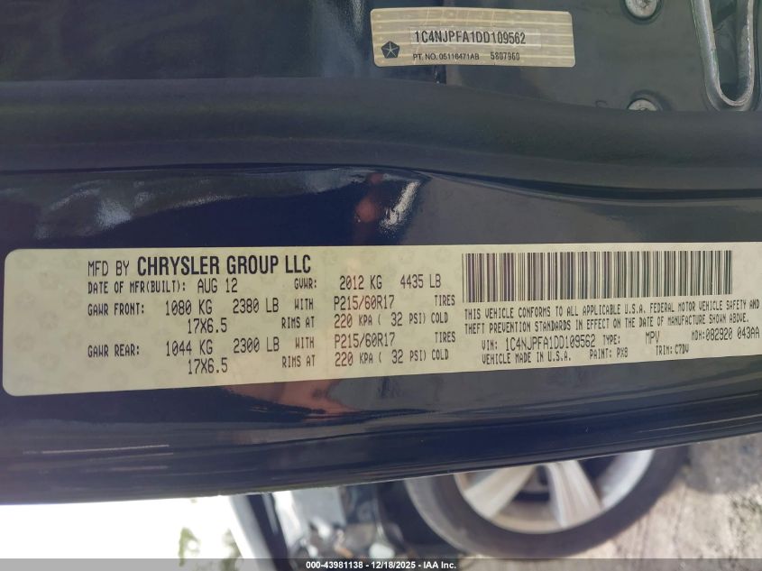 2013 Jeep Patriot Latitude VIN: 1C4NJPFA1DD109562 Lot: 43981138