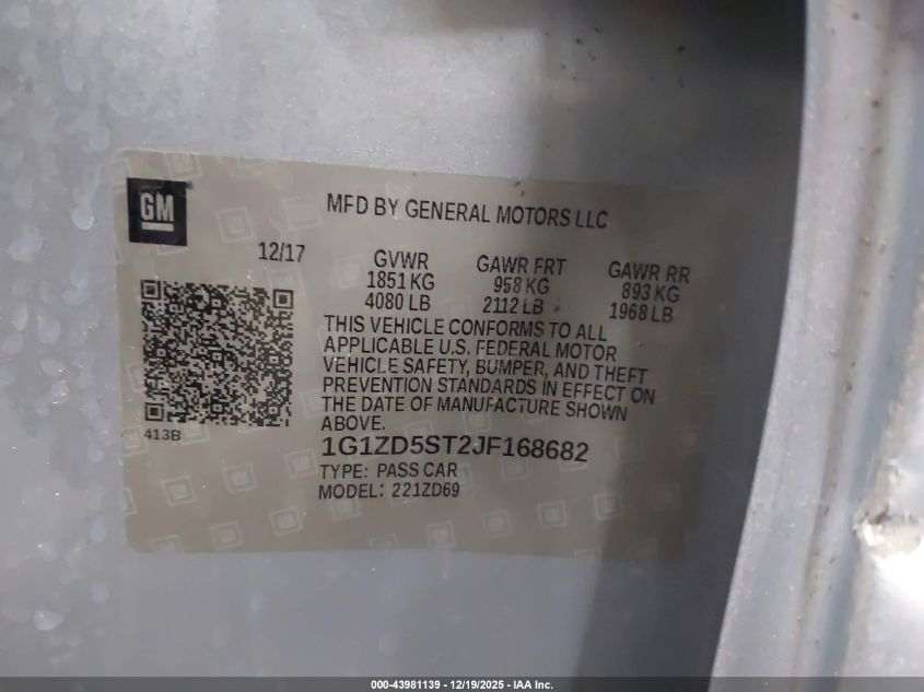 2018 Chevrolet Malibu Lt VIN: 1G1ZD5ST2JF168682 Lot: 43981139