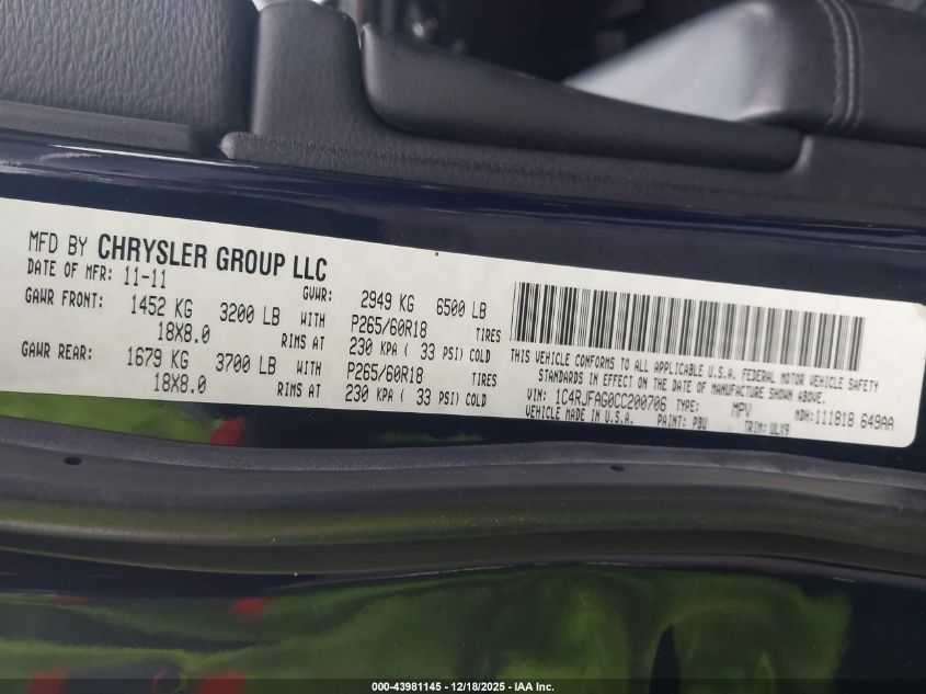 2012 Jeep Grand Cherokee Laredo VIN: 1C4RJFAG0CC200706 Lot: 43981145