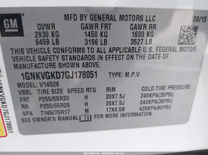 2016 Chevrolet Traverse 1Lt VIN: 1GNKVGKD7GJ178051 Lot: 43981146