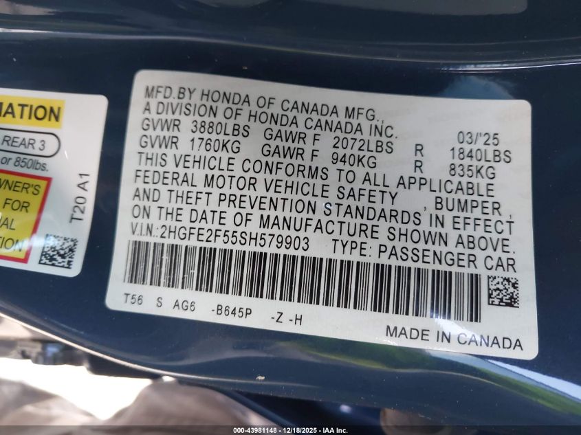 2025 Honda Civic Sport VIN: 2HGFE2F55SH579903 Lot: 43981148