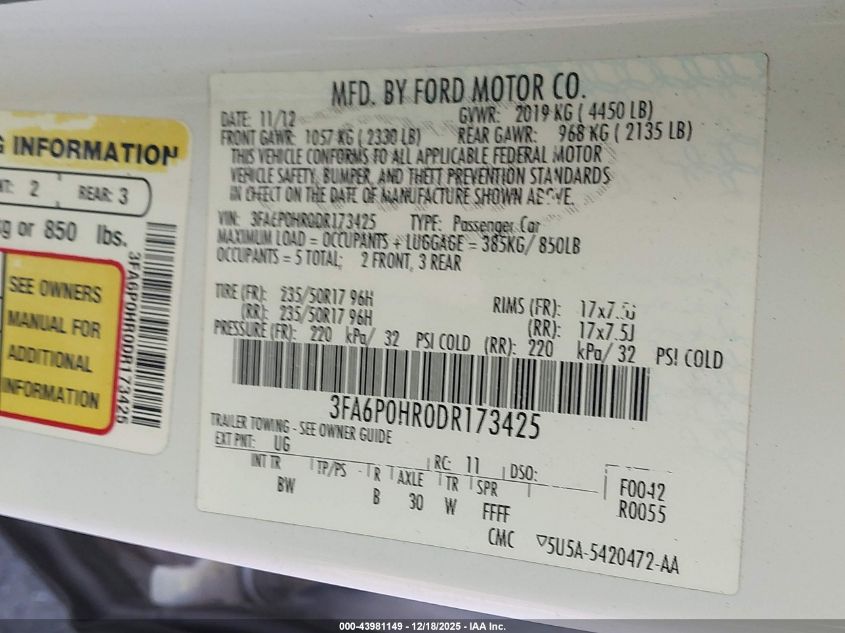 2013 Ford Fusion Se VIN: 3FA6P0HR0DR173425 Lot: 43981149