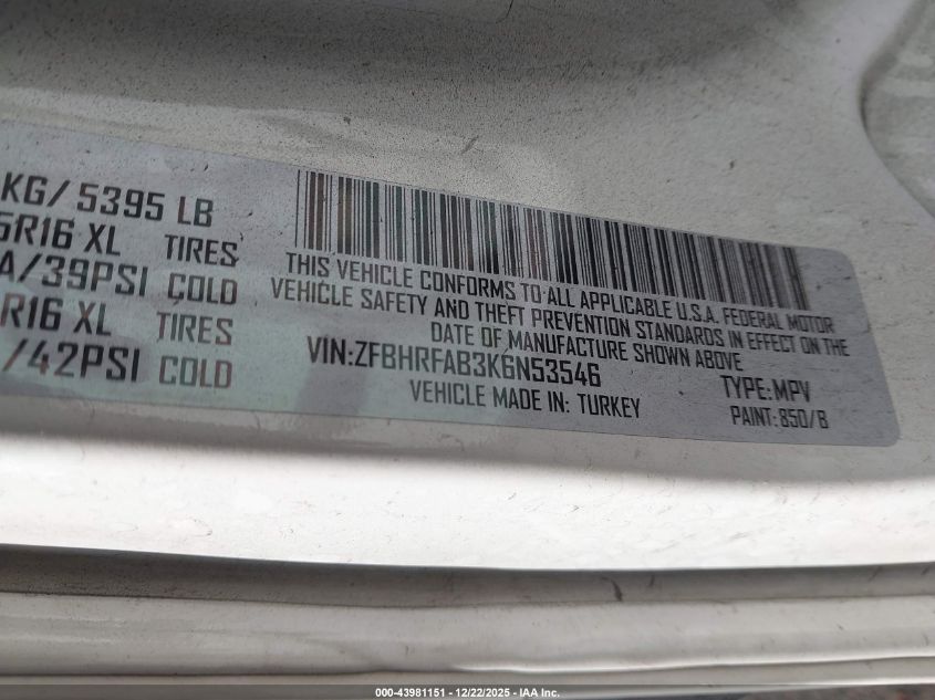 2019 Ram Promaster City Tradesman VIN: ZFBHRFAB3K6N53546 Lot: 43981151