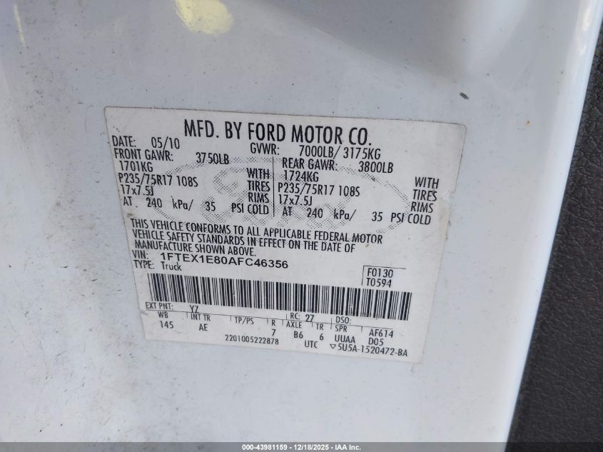 2010 Ford F-150 Stx/Xl/Xlt VIN: 1FTEX1E80AFC46356 Lot: 43981159