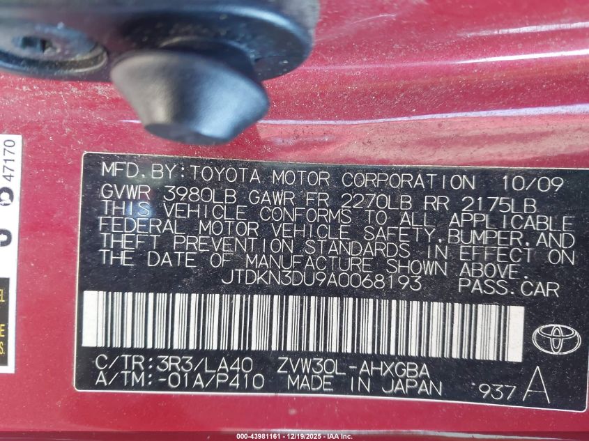2010 Toyota Prius Iv VIN: JTDKN3DU9A0068193 Lot: 43981161