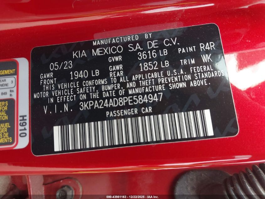 2023 Kia Rio S VIN: 3KPA24AD8PE584947 Lot: 43981163