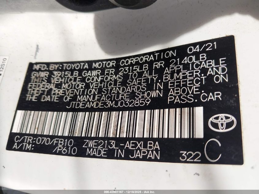 2021 Toyota Corolla Hybrid Le VIN: JTDEAMDE3MJ032859 Lot: 43981167
