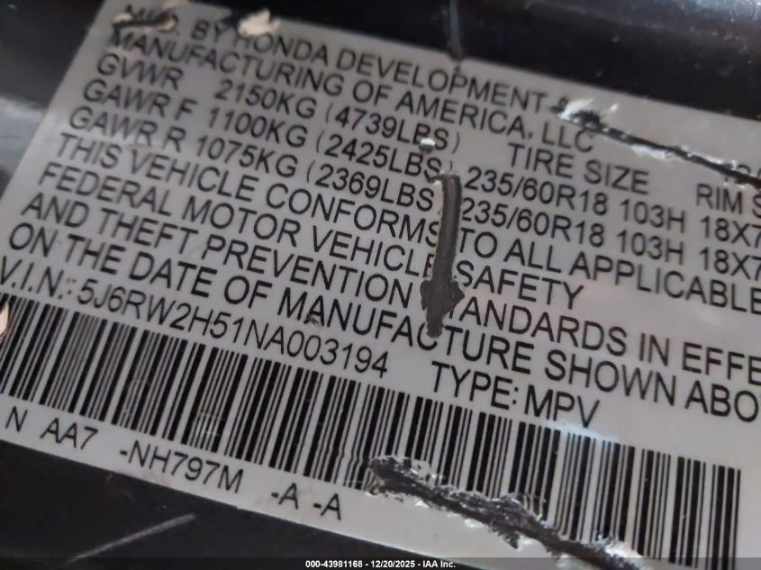 2022 Honda Cr-V Awd Ex VIN: 5J6RW2H51NA003194 Lot: 43981168