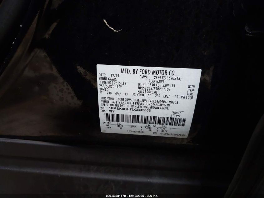 2020 Ford Explorer Xlt VIN: 1FMSK8DH7LGB32066 Lot: 43981170