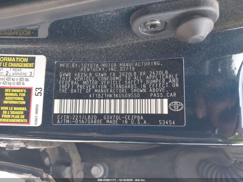 2019 Toyota Camry Xse V6 VIN: 4T1BZ1HK1KU509550 Lot: 43981171