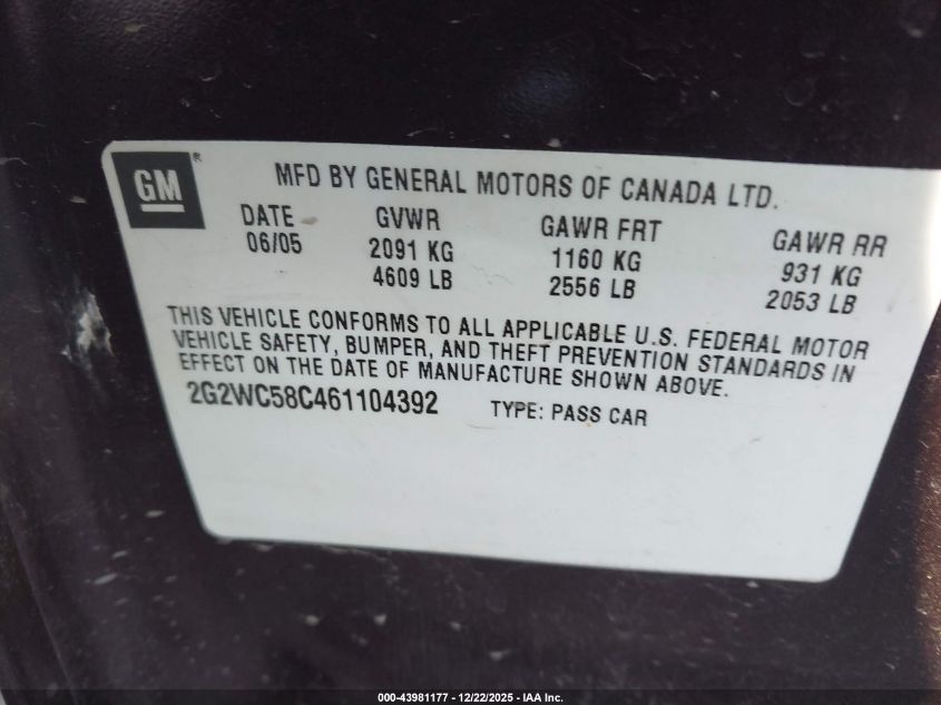 2006 Pontiac Grand Prix Gxp VIN: 2G2WC58C461104392 Lot: 43981177