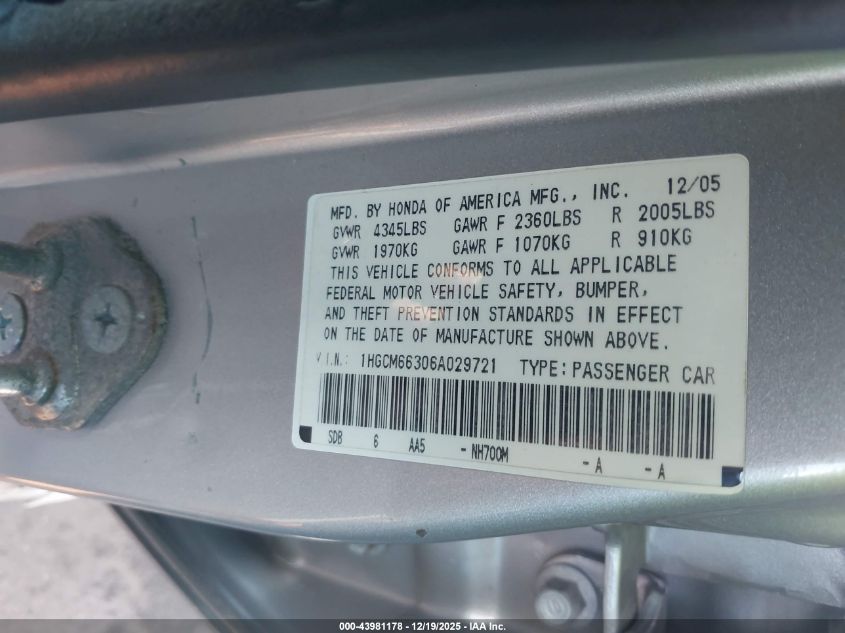 2006 Honda Accord 3.0 Lx VIN: 1HGCM66306A029721 Lot: 43981178
