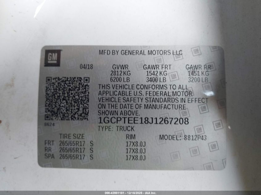 2018 Chevrolet Colorado Zr2 VIN: 1GCPTEE18J1267208 Lot: 43981181