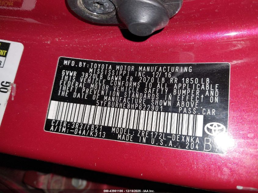 2017 Toyota Corolla Le VIN: 5YFBURHE8HP622901 Lot: 43981186